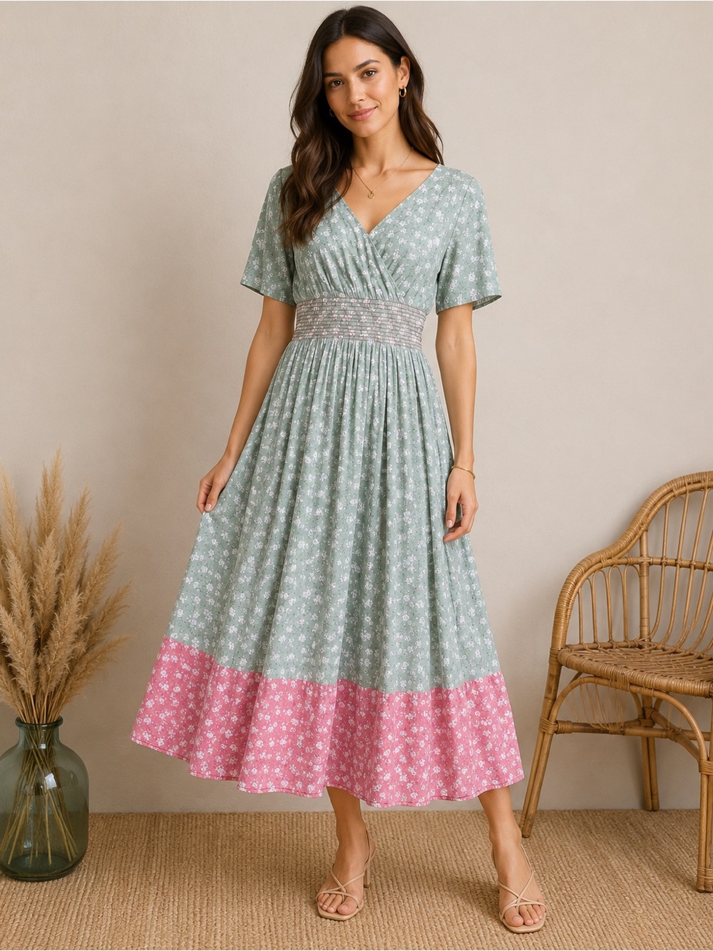 WAYWARD FANCIES Floral Midi Dress 100% Cotton Smocked Waist Cottagecore Boho M